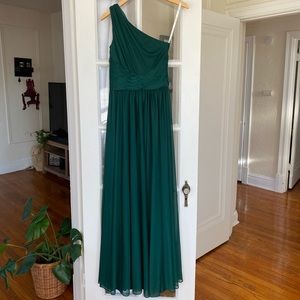 One-Shoulder Mesh Bridesmaid Dress with Full Skirt, Juniper, F19932